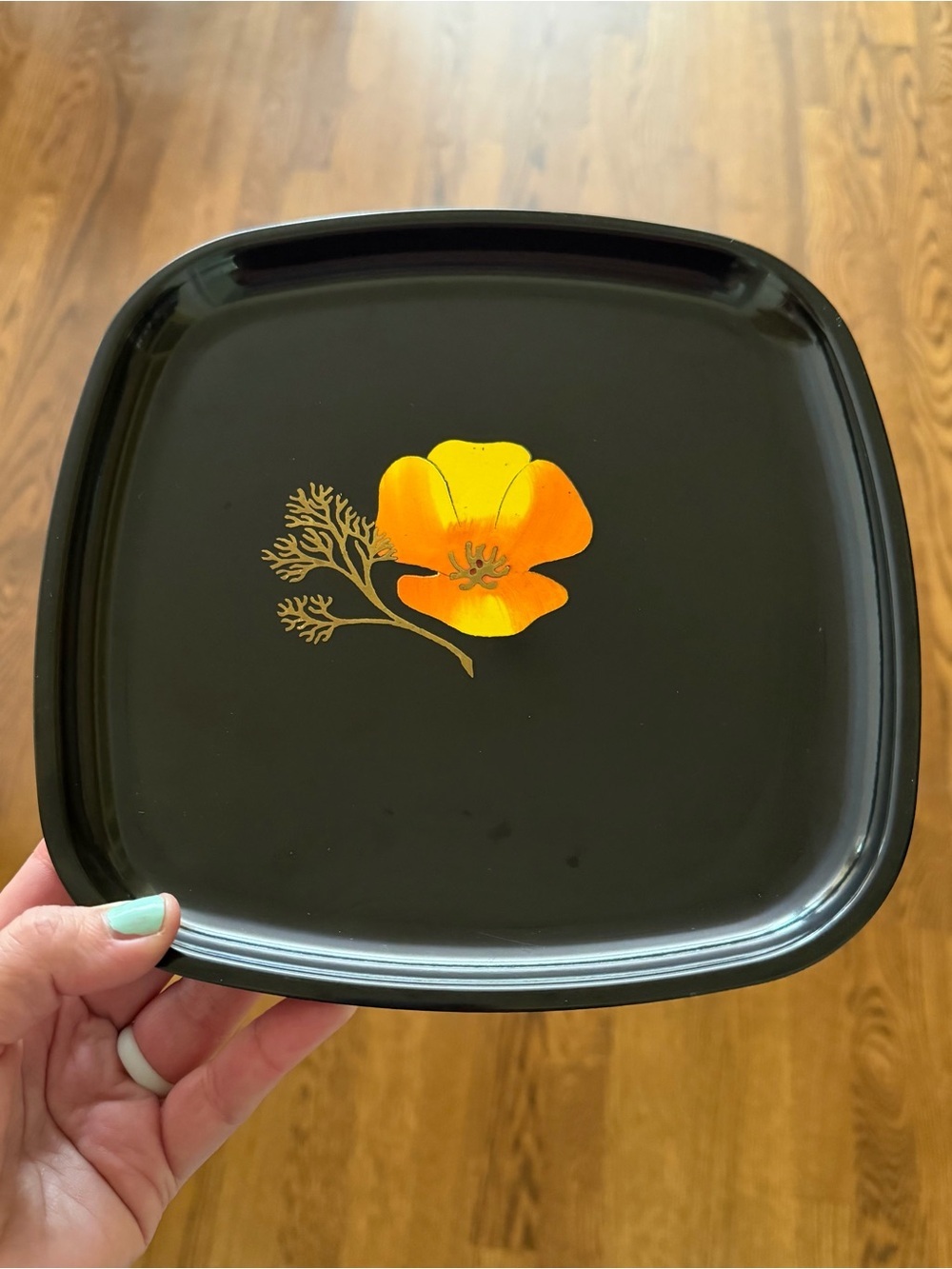 Couroc Black Square Tray with Orange Poppy Inlay